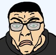 alfietheboorufag_(user) angry black_hood black_jacket closed_mouth frown glasses green_eyes hair hoodie looking_at_you merge open_eyes serious tinted_glasses variant:chudjak variant:rupturejak white_skin // 423x416 // 12.3KB