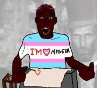 black_skin clothes ear gigachad glasses hair heart i_am i_heart_nigger love nigger open_mouth paintbrush purple_hair soyjak stubble table tranny tshirt variant:shirtjak // 618x559 // 193.9KB