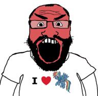 angry animal beard clothes glasses hair heart i_love my_little_pony open_mouth pony red_skin soyjak subvariant:science_lover tshirt variant:markiplier_soyjak // 800x789 // 127.2KB