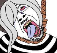 bloodshot_eyes clothes crying funamusea glasses gray_hair hair hanging hat open_mouth rope sheep striped_clothing stubble tranny variant:bernd white_background // 450x417 // 16.3KB