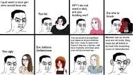beanie black_skin dating doomer_girl fat glasses incel onlyfans pink_hair red_hair tattoo trad_wife variant:chudjak wojak women // 1282x722 // 159.5KB