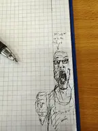 beard crooked_teeth eyebrows glasses hatching open_mouth pen_drawing phone pilot_g2 showing_phone text_bubble tongue traditional_media variant:markiplier_soyjak wife_beater // 2448x3264 // 588.0KB