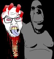 2soyjaks blood dead glasses gore holding_object ominous open_mouth smile spine subvariant:hornyson tongue variant:cobson variant:feraljak // 1420x1547 // 161.0KB