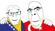 2soyjaks blond blue_eyes bosnia flag flag:bosnia_and_herzegovina flag:turkiye friendship glasses hand looking_at_you soyjak stubble teeth trend:aryan turkiye // 1920x1080 // 701.9KB