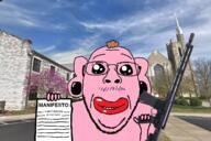 ar-15 arm audrey_hale brown_hair christianity church closed_mouth clothes covenant_school ear earring firearm ftm glasses grin gun hair hand holding_gun holding_object holding_rifle irl_background lips manifesto massacre mustache oh_my_god_she_is_so_attractive paper pink_skin pooner rifle school school_shooter school_shooting smile soyjak stubble text tranny tree tshirt variant:bernd weapon // 1500x1000 // 1.4MB