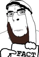 arab beard brown_hair clothes fact glasses hand hat holding_object islam keffiyeh looking_at_you meta:tagme neutral sign soyjak stubble text variant:cobson // 880x1280 // 79.6KB