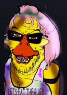 2soyjaks animatronic beak bib bird black_background chica_(fnaf) eat_the_bugs five_nights_at_freddy's five_nights_at_freddy's_1 glasses hair horror meta:low_resolution open_mouth pink_hair soyjak stubble variant:feraljak video_game // 223x318 // 110.2KB