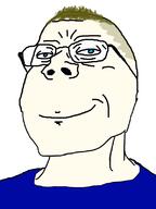 blue_eyes closed_mouth glasses hair smile smug soyjak stubble subvariant:wholesome_soyjak variant:gapejak white_skin // 598x800 // 44.5KB