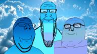 beard calm closed_eyes closed_mouth glasses hair smile soyjak soyjak_trio stubble subvariant:wholesome_soyjak variant:gapejak variant:markiplier_soyjak variant:tony_soprano_soyjak // 1920x1080 // 2.0MB