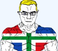 arm blue_eyes buff closed_mouth clothes flag flag:groningen glasses groningen hair netherlands soyjak subvariant:chudjak_front subvariant:muscular_chud transparent transparent_background tshirt variant:chudjak vein yellow_hair // 1059x929 // 38.0KB
