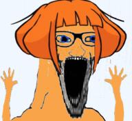 blue_eyes cartoon female glasses hair hand hands_up mymy_(ongezellig) ongezellig orange_hair orange_skin soyjak stubble subvariant:wewjak variant:soyak // 640x591 // 286.4KB