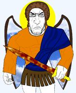 angel archangel_michael fire punisher_face robe sword variant:markiplier_soyjak wing // 859x1048 // 116.5KB