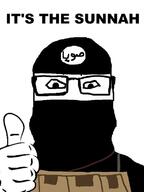 arabic_text balaclava clothes glasses hand hat isis islam its_over mask soy soyjak text thumbs_up variant:markiplier_soyjak // 600x800 // 133.4KB