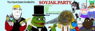 raid soy 4chan 4cuck ack advertisement amphibian angry award badge bloodshot_eyes blue_background discord drink figar frog geg gem glass greentext hanging holding_bottle jakparty_soy janny leftypol lgbt_(4chan) nas:pepe nate oldfag pepe_the_frog qa_(4chan) reddit rope scared smoke soyjak subvariant:big-boy subvariant:meximutt_front top_hat tranny trend:jartycuck trvthnvke twitter twitter_immigrant variant:bernd variant:chudjak variant:cobson variant:el_perro_rabioso variant:feraljak variant:meximutt variant:soyak zoomer_hair // 3420x1114 // 2.0MB