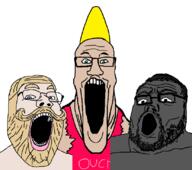 3soyjaks aryan beard blue_eyes chad chad_thundercock clothes gigachad glasses grey_eyes grey_skin hair nordic_chad open_mouth soyjak stretched_mouth stubble text variant:gapejak variant:markiplier_soyjak variant:tony_soprano_soyjak virgin_vs_chad white_skin yellow_hair // 828x732 // 56.7KB
