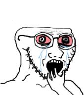 bloodshot_eyes brainless brainlet crying distorted glasses hand open_mouth soyjak stubble subvariant:crying_soyak_ears2 variant:soyak // 708x800 // 193.1KB