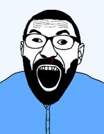 beard billy_mays blood blood_from_nose bloody_nose blue_shirt cross_eyed ear glasses hair nosebleed open_mouth soyjak variant:cirrus // 800x1024 // 18.7KB