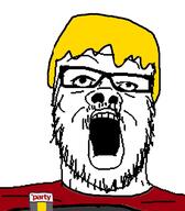 badge clothes glasses hair nate open_mouth soot_colors soyjak soyjak_party stubble variant:a24_slowburn_soyjak yellow_hair // 454x520 // 27.6KB