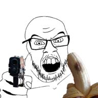 angry banana firearm food fruit glasses gun hand mustache open_mouth pointing pointing_at_viewer soyjak stubble variant:feraljak // 1000x1000 // 351.3KB