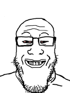 bald bloodshot_eyes glasses hair high open_mouth red_eyes smile soyjak stubble teeth variant:markiplier_soyjak // 600x800 // 85.2KB