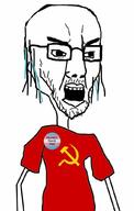 arm blue_hair button clothes communism flag glasses hair hammer_and_sickle mustache open_mouth red soyjak stubble subvariant:chudjak_soy text tranny tshirt variant:chudjak // 652x1024 // 61.0KB