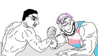 2soyjaks arm_wrestling buff glasses hair mustache redraw side_profile soyjak stubble teeth tranny trans_flag variant:chudjak variant:gapejak // 1249x720 // 176.4KB