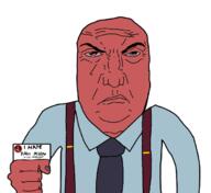 american_psycho angry arm blue_shirt card closed_mouth clothes fist frown holding_object looking_at_you necktie patrick_bateman paul_allen punisher_face red_eyes red_skin redraw soyjak subvariant:science_lover suit suspenders text variant:markiplier_soyjak // 680x625 // 86.3KB