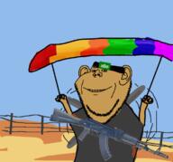 brown_skin desert ear fence gun hamas israel palestine palestinian parachute paramotor smile soyjak stubble variant:impish_soyak_ears war // 750x700 // 176.9KB