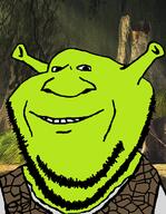 cartoon clothes dreamworks ear forest green_skin large_nose ogre ogre_ears shrek smile soyjak stubble swamp tree variant:impish_soyak_ears // 601x776 // 345.6KB