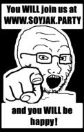 advertisement glasses hand open_mouth pointing pointing_at_viewer soyjak soyjak_party sticker stubble text variant:soyak // 800x1254 // 90.8KB