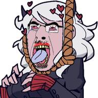 arm bloodshot_eyes clothes crying glasses hair hand hanging heart helltaker modeus_(helltaker) open_mouth soyjak stubble tongue variant:cobson white_hair white_skin yellow_teeth // 1080x1080 // 132.0KB