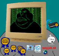 anti_soybooru award awards binary blue_background closed_mouth computer cpu crt crt_monitor dial_up fat gynaecomastia intel internet_explorer latino matrix meximutt modem monitor obese onion pentium server soybooru soyjak_st terminal url variant:meximutt windows_95 // 1776x1698 // 538.5KB