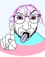 bloodshot_eyes finger glasses open_mouth pink_hair pointing stubble tongue tranny transgender_flag variant:actuallyjak // 591x752 // 164.1KB