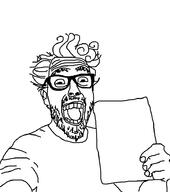 arm clothes ear glasses hair hand holding_object mustache open_mouth soyjak stubble variant:unknown // 813x918 // 130.0KB