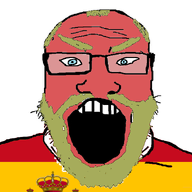 angry beard blue_eyes country flag flag:spain glasses hair open_mouth red soyjak spain subvariant:science_lover variant:markiplier_soyjak yellow_hair // 798x597 // 106.4KB