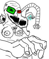 arm chest_hair fat glasses green_glasses hand multiple_mouths open_mouth red_glasses robot soyjak stubble variant:soyak // 1466x1765 // 428.6KB