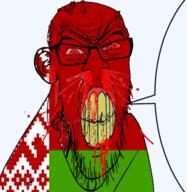 angry belarus blood bloodshot_eyes clenched_teeth country cracked_teeth ear flag flag:belarus glasses nosebleed red_eyes soyjak speech_bubble speech_bubble_empty stubble subvariant:feralrage variant:feraljak vein yellow_teeth // 493x506 // 229.3KB