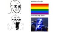 arm concerned flag flag:lgbt_pride_flag frown gay glasses hand hands_up japan lgbt open_mouth shin_megami_tensei soyjak soyjak_comic stubble subvariant:soyak_(irritated) subvariant:wewjak text thing_japanese variant:soyak // 680x383 // 141.3KB