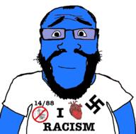 1488 arm beard blue blue_skin calm closed_mouth clothes glasses happy_merchant heart i_love judaism nazism no_symbol racism soyjak subvariant:science_lover swastika tshirt variant:markiplier_soyjak // 800x789 // 142.5KB