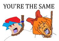 2soyjaks ack anti_ongezellig bloodshot_eyes blue_hair bowtie boyfriend_(friday_night_funkin') cap clothes dead friday_night_funkin' hair hanging hat multiple_soyjaks mymy_(ongezellig) ongezellig open_mouth orange_hair orange_skin rope soy_parody soyjak suicide suicide_pact tongue variant:bernd video_game white_skin yellow_teeth you're_the_same // 618x428 // 113.5KB