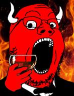 bowtie clothes demon fire glass glasses hand hell holding_object horn open_mouth red_skin scared soyjak stubble tuxedo variant:gapejak // 600x785 // 267.7KB