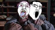 2soyjaks angry bloodshot_eyes crying glasses hair holding_knife holding_object knife movie mustache open_mouth purple_hair shawshank_redemption soyjak stubble tongue variant:bernd variant:chudjak yellow_teeth // 2050x1153 // 465.7KB