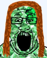 clothes gem gem_skin glasses long_hair open_mouth red_hair soyjak subvariant:hippiejak tshirt variant:markiplier_soyjak // 1016x1251 // 1.2MB