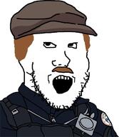 brown_hair clothes hair hat mustache open_mouth police soyjak stubble variant:soyak // 640x738 // 81.5KB