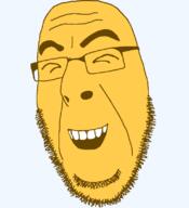 closed_eyes emoticon glasses grin happy laughing open_mouth series:soymoji soyjak stubble variant:cobson yellow yellow_skin // 721x789 // 29.5KB