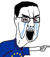 arm bloodshot_eyes clothes crying europe european_union flag flag:european_union glasses hair hand open_mouth pointing soyjak star_(symbol) tshirt variant:chudjak // 680x762 // 102.4KB