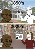 1850s 2020s 4soyjaks arm bbc black_skin buck_breaking bwc closed_eyes closed_mouth ear female femjak glasses hand holding_object irl_background knout library nsfw penis queen_of_spades slave smile smug soyjak stubble text variant:cobson variant:gapejak variant:soyak // 1000x1400 // 1.8MB