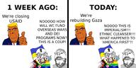 angry black_lives_matter closed_mouth clothes donald_trump flag flag:progress_pride_flag flag:ukraine gaza hair islam leftist multiple_soyjaks orange_skin palestine politics soyjak stubble text thumbs_up united_states variant:cobson variant:feraljak variant:gapejak // 1000x500 // 121.8KB