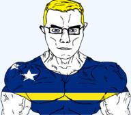 arm blue_eyes buff closed_mouth clothes curacao flag flag:curaçao glasses hair netherlands soyjak star_(symbol) subvariant:chudjak_front subvariant:muscular_chud transparent transparent_background tshirt variant:chudjak vein yellow_hair // 1059x929 // 54.6KB