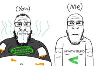 (me) (you) angry arrow bald breasts cheese clothes dirty drool fat gamer glasses green hairy mucus neutral obese open_mouth retard scared spit stinky stubble subvariant:neutralplier subvariant:soyak_(concerned) variant:markiplier_soyjak variant:soyak // 2000x1370 // 351.4KB